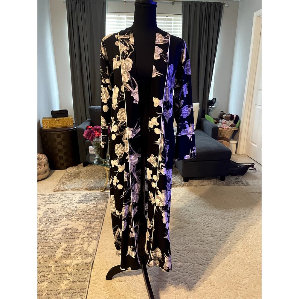 Topshop Black and White Floral Kimono Duster Robe Coat Piped Trim US 4 - Picture 2 of 8